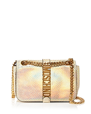 Moschino Embossed Iridescent Logo Shoulder Bag In Gold