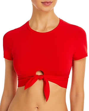 Shop Robin Piccone Ava Solid Cropped T-shirt Bikini Top In Fiery Red