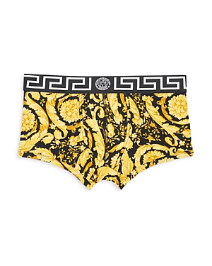Versace Printed Low-rise Stretch Cotton Blend Trunks In Black/gold