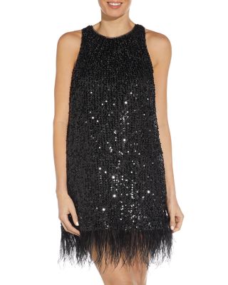 Aidan Mattox Aidan By Halter Sequin Faux Feather Trim Trapeze Dress In Black ModeSens