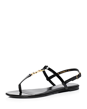 Saint Laurent Black Cassandra Flat Sandals In Crocodile-embossed Leather With Gold-tone Monogram In Nero