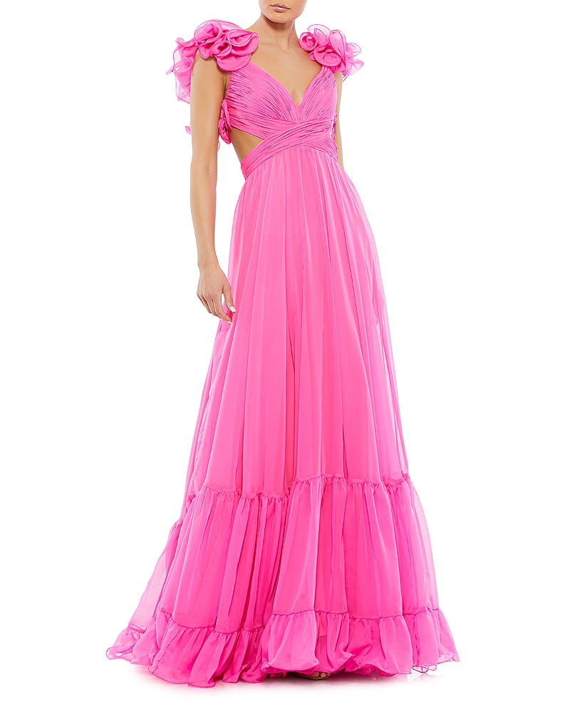 Mac Duggal Rosette Chiffon Cutout Empire Waist Gown In Hot Pink