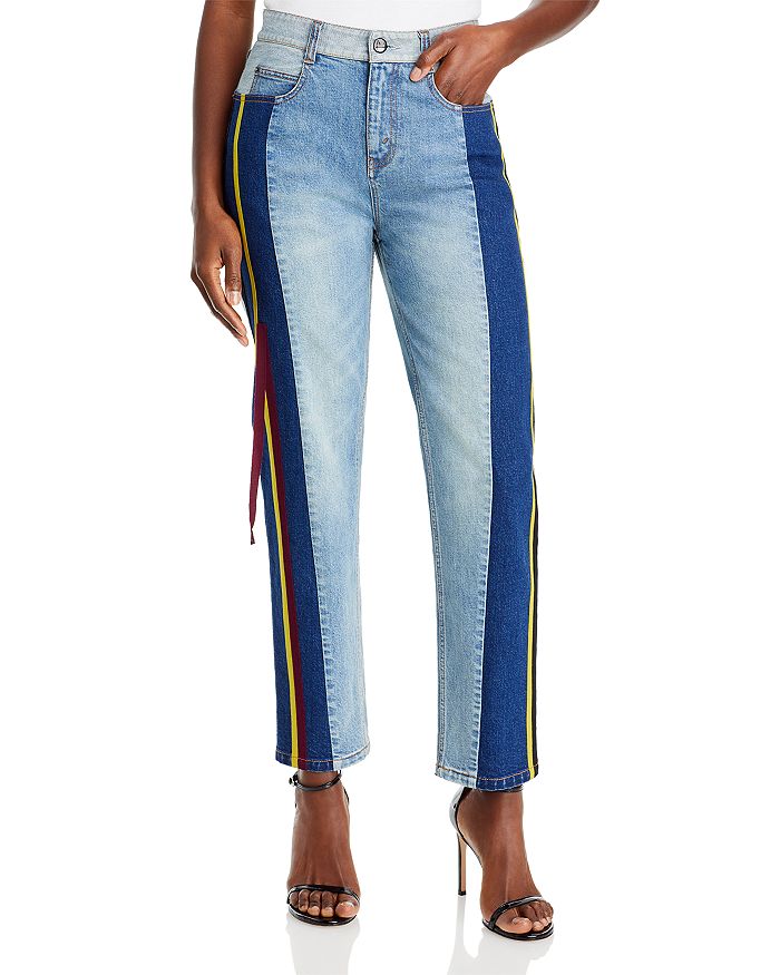 Hellessy - Tomo Color Blocked Trim High Rise Straight Jeans in Medium Wash/Dark Wash