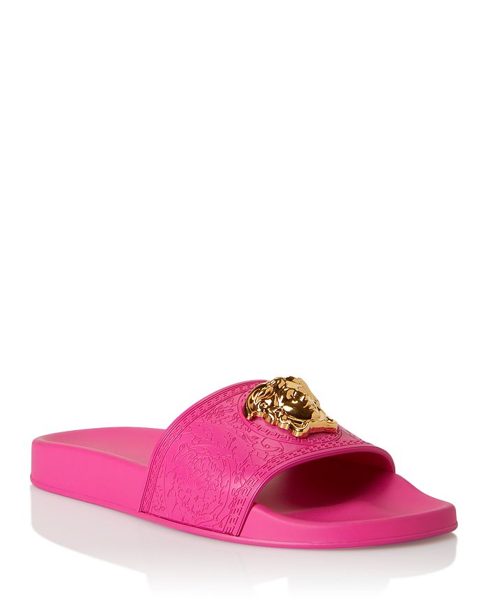 Versace Medusa-head Plaque Open-toe Slides In Fuschia