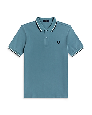 Fred Perry Twin Tipped Slim Fit Polo In Ash Blue/snow/black