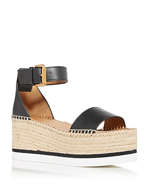 See By Chloé Glyn Leather Platform Espadrille Wedge Sandals In Black