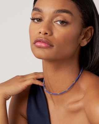 Sterling Silver Blue Ceramic Bead Collar Necklace, 16"