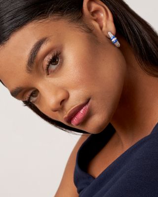 14K Yellow Gold & Sterling Silver Ultramarine Ceramic & Diamond Caviar Bead Hoop Earrings