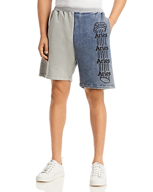 Aries Logo Print Colour-block Track Shorts In Navy Gray