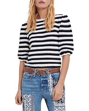 Maje Marigna Striped Elbow Length Sleeve Sweater In Navy Ecru