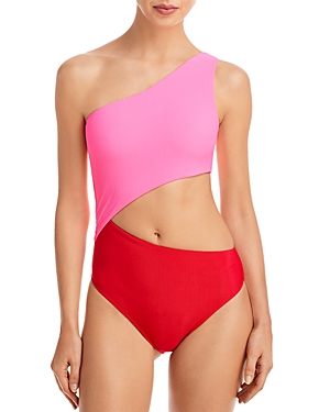 Shop Beach Riot Celine Colorblock Ribbed One Shoulder One Piece Swimsuit In Pinkred