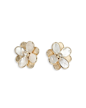 Shop Marco Bicego 18k Yellow Gold Petali Mother Of Pearl & Diamond Flower Stud Earrings In White/gold