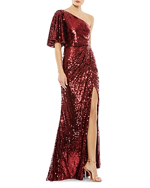 Mac Duggal Sequin One-shoulder Column Gown In Burgundy