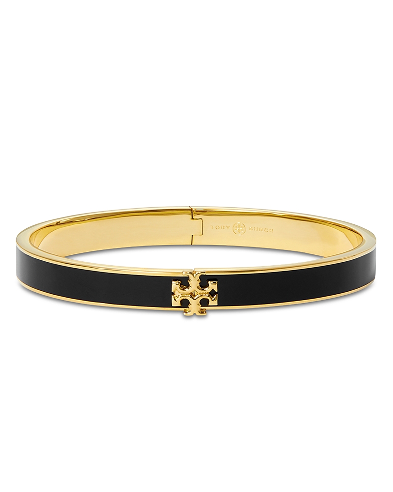 Tory Burch Kira Logo Colored Bangle Bracelet In Black/gold