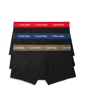 Calvin Klein Cotton Stretch Moisture Wicking Low Rise Trunks, Pack Of 3 In Black/berry/lake Blue