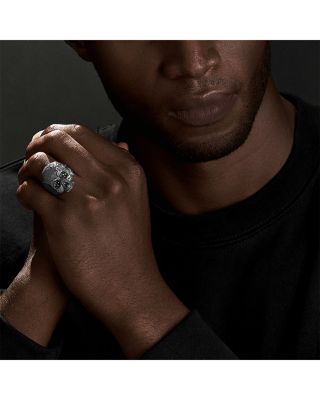 Men&#39;s Sterling Silver Waves Skull Ring with Black Diamonds