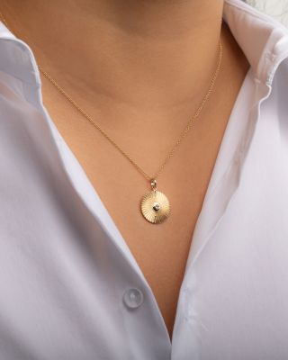 14K Yellow Gold Diamond Pleated Disc Pendant Necklace, 16-18"