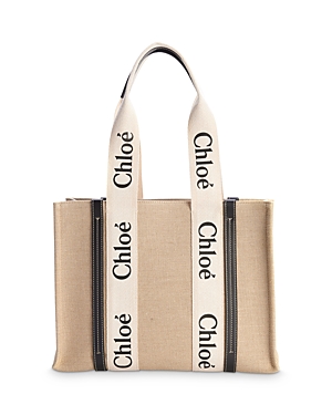 Shop Chloé Woody Medium Canvas Tote In White/blue
