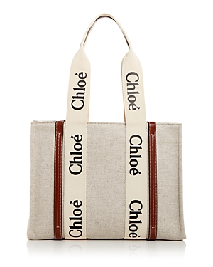 Shop Chloé Woody Medium Canvas Tote In White/brown