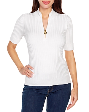 Belldini Black Label Mock Neck Zip Front Ribbed Short Sleeve Top In White