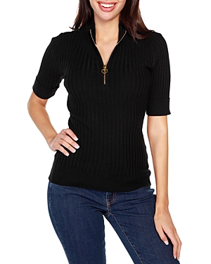 Belldini Black Label Petite Size Ribbed Zip Mock Neck Sweater In Black