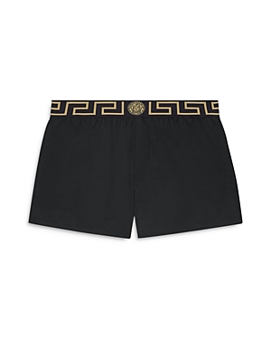 Versace Black Swim Trunks With Greca And Medusa Head Print On Elastic Waistband In Nylon Man In Black Gold Greek Key