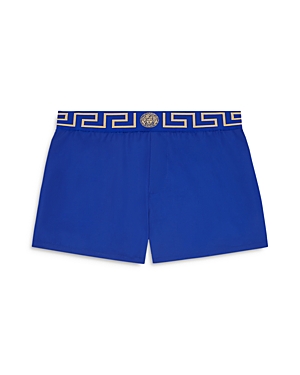 Versace Logo Embroidered Swim Shorts In Bluette-gold