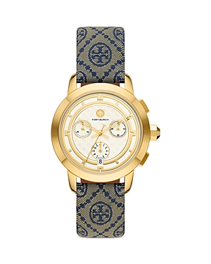 Shop Tory Burch The Tory Chronograph, 37mm In Cream/blue