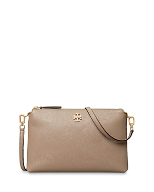 Shop Tory Burch Kira Small Pebbled Leather Top-zip Crossbody In Gray Heron/gold