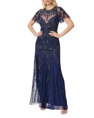 Aidan Mattox Beaded Flutter Sleeve Gown Bloomingdale s