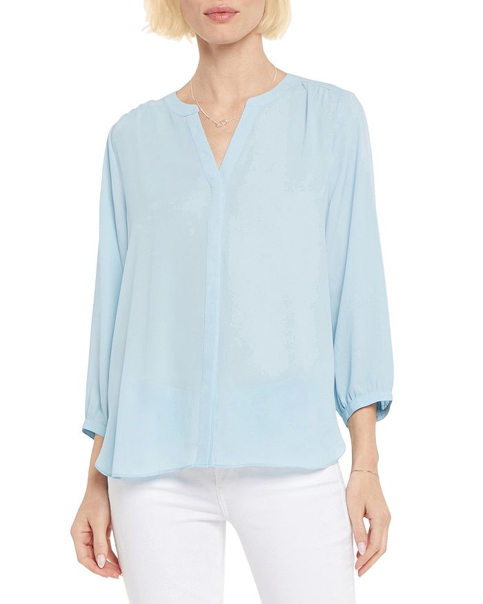 Nydj Three Quarter Sleeve Printed Pintucked Back Blouse In Clear Sky