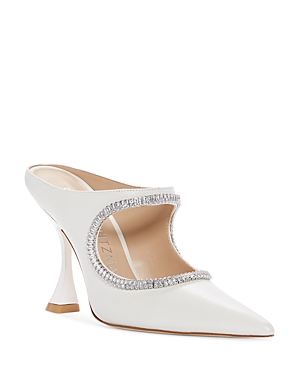 Stuart Weitzman Women's Curve Crystal-embellished Satin Mules In White/clear