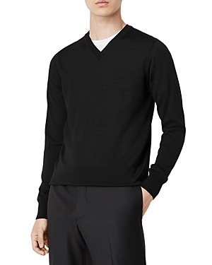 Armani Collezioni Wool Solid Slim Fit V Neck Sweater In Black