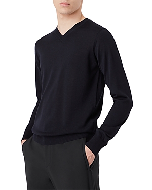 Shop Armani Collezioni Armani Wool Solid Slim Fit V Neck Sweater In Blue Navy
