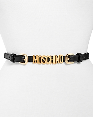 Shop Moschino Women's Logo Double Buckle Chained Leather Belt In Black/gold