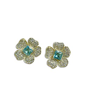 Nicola Bathie - London Pavé & Blue Square Cubic Zirconia Flower Button Earrings in 14K Gold Plated
