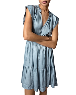 Zadig & Voltaire Rito Satin Self-tie High Neck Tiered Mini Dress In Nuage