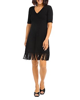 Womens Dress Soft Black Fringe Long Sleeve Knee Length Unique Dress USA V Neck 