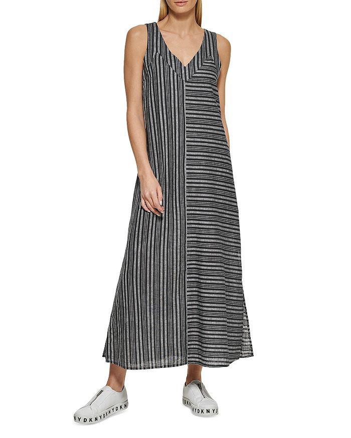 DKNY Striped Double V Neck Maxi Dress | Bloomingdale's