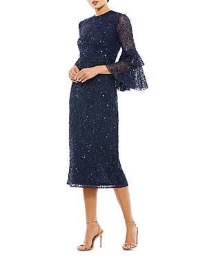 Shop Mac Duggal Fully Sequined Ruffle Tiered 3/4 Sleeve Midi Dress In Navy