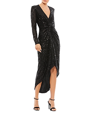Mac Duggal Metallic Sequin Long Sleeve Faux Wrap Dress In Black