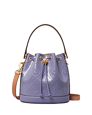 Tory Burch T Monogram Embossed Patent Leather Bucket Bag In Dark Lotus/brass