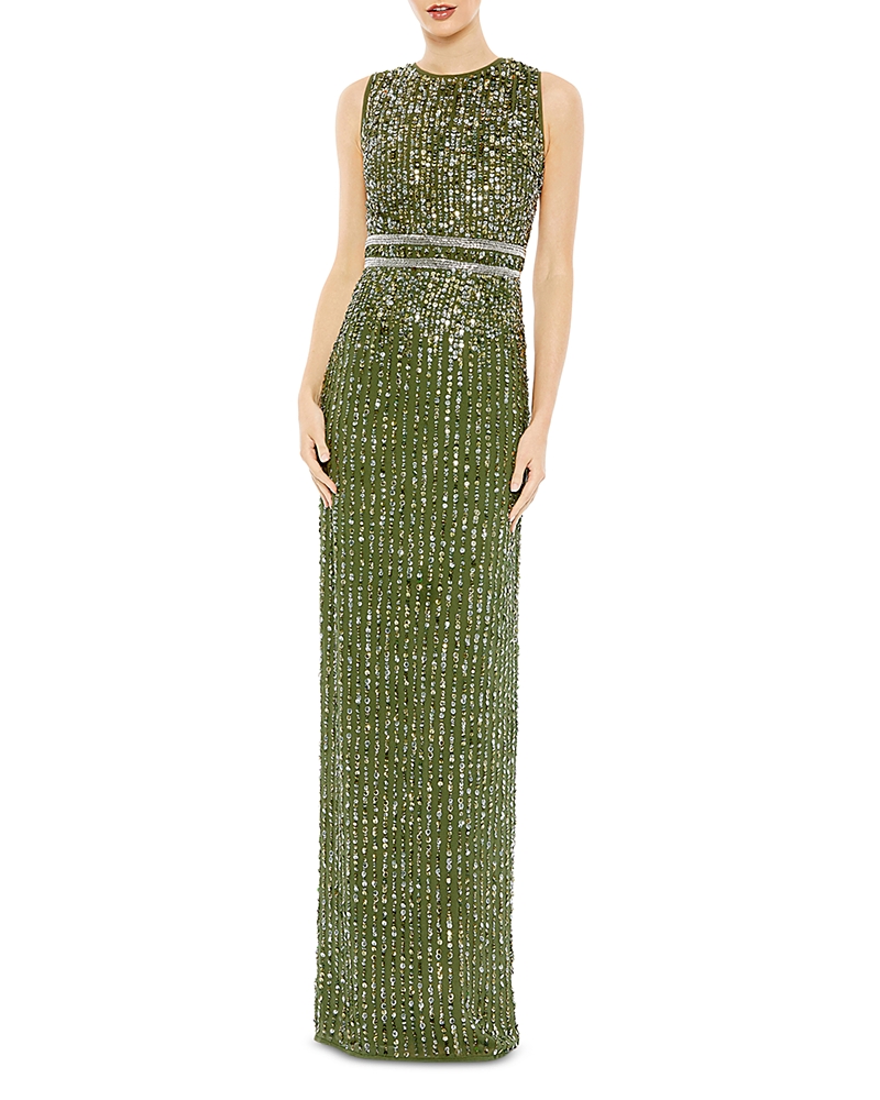Mac Duggal Sleeveless Sequin Column Gown In Olive