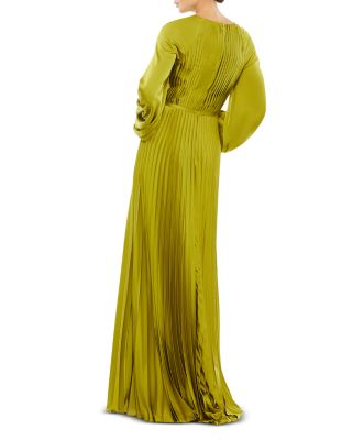  Pleated High Neck Raglan Long Sleeve Side Slit Gown