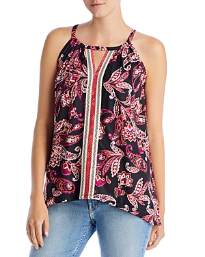 Single Thread Embroidered Trim Printed Knit Tank In Black Pretty Paisley