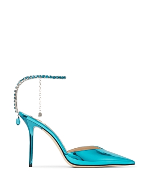 Jimmy Choo Saeda Metallic Leather Crystal Anke-strap Pumps In Malibu Mix