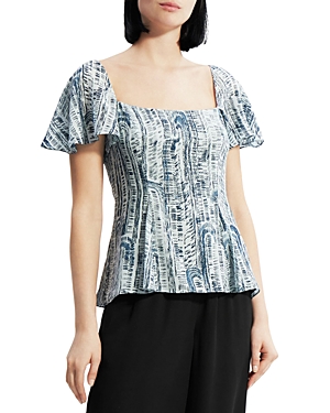 Theory Short-sleeve Godet Printed Silk Top In Teal Multi