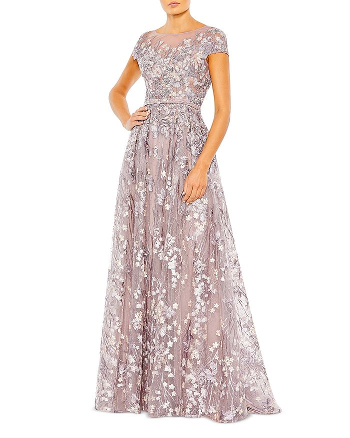 Mac Duggal Embellished Floral Cap Sleeve A Line Gown In Lilac