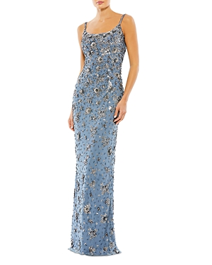 Mac Duggal Sleeveless Floral Beaded Gown In Slate Grey