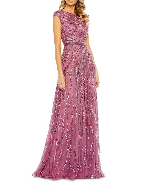 sequined cap sleeve boat neck gown